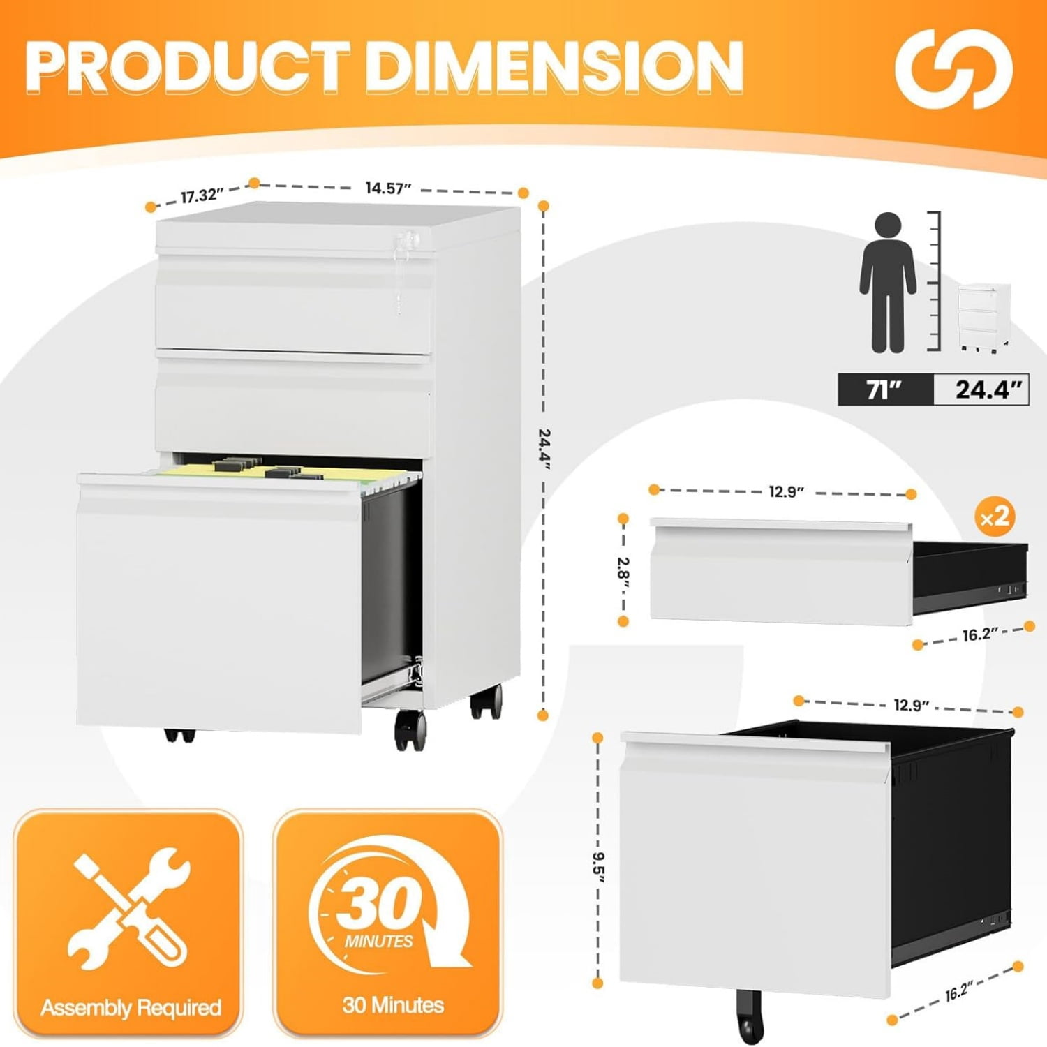 3 Drawer Mobile File Cabinet with Lock, Rolling File Cabinets for Home Office, Under Desk Small File Caninet on wheels, Metal Vertical White Filing Cabnet for Legal/Letter/A4 - Assembly Required