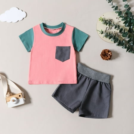 

Geire Boys Girls Summer Clothing Set Stylish Colorblock Comfy Cotton Round Collar Short-sleeved Shirts Top & Matching Elastic Waist Shorts Set Size 6 Months-3 Years