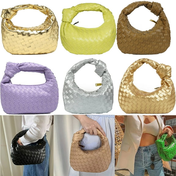 Woven Handbags for Women, Hobo Bags for Women, Fashion Knotted Top Handle Purse Clutch, Soft Vegan Leather/Silver