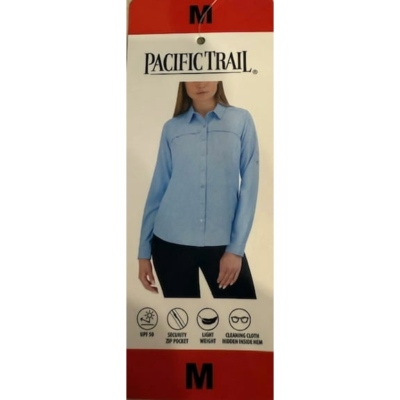 Pacific Trail Women's Button Shirt Blue UPF 50 Outdoor Roll Tab Zip Pocket, Medium