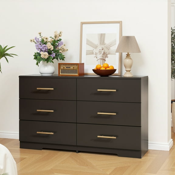 6 Drawer Dresser, Modern Dresser for Bedroom with Spacious Countertop, Wood Storage Cabinet for Bedroom, Living Room, Entryway,Black