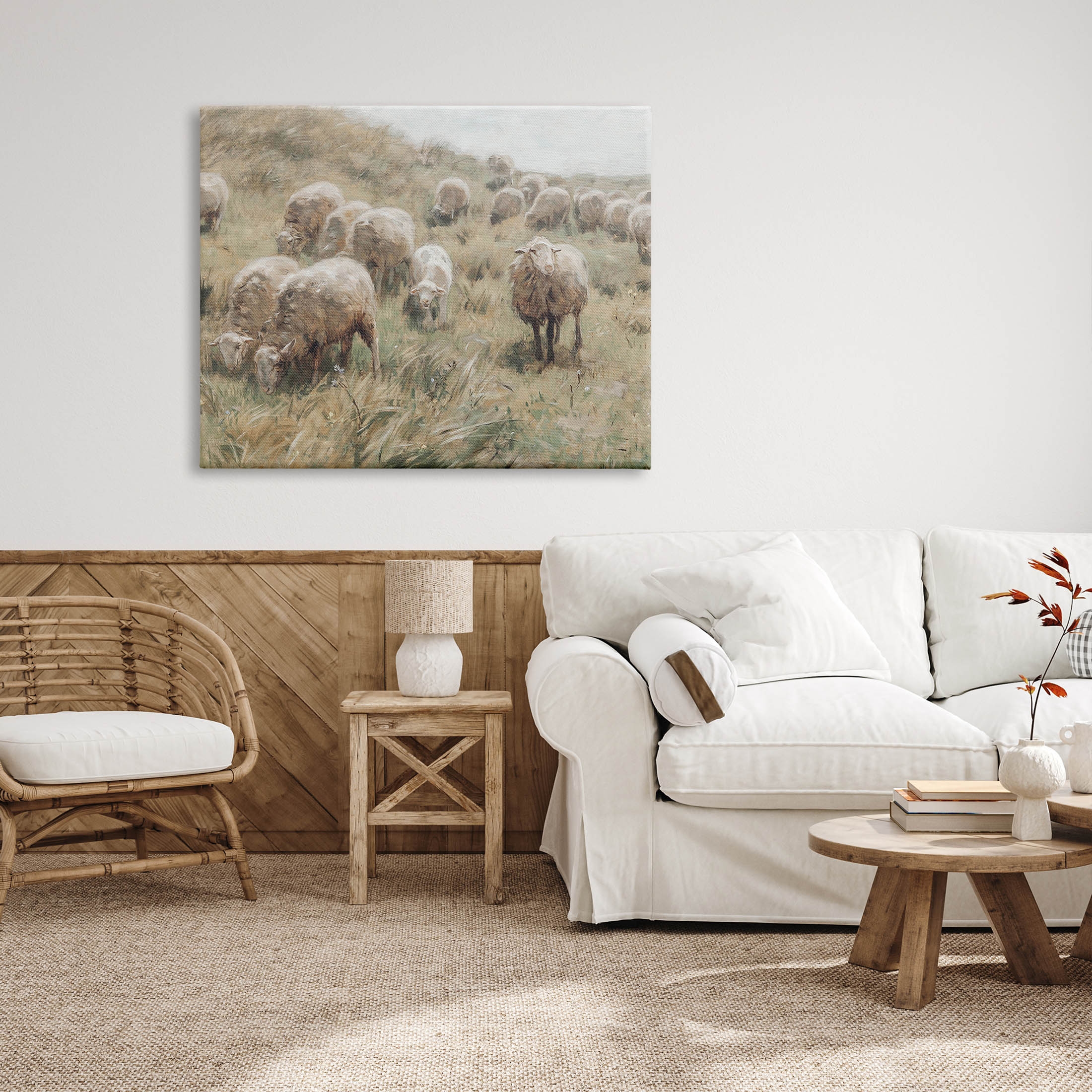 Rural Cattle Grazing Field Landscape Painting Gallery Wrapped Canvas Print Wall Art