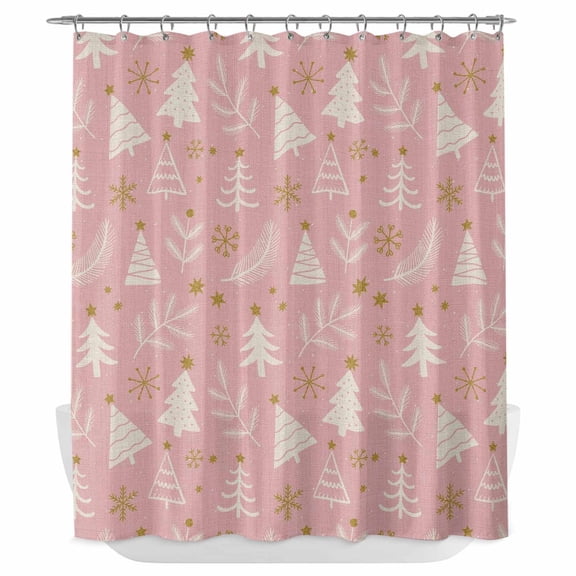 Xipuska Christmas Tree Shower Curtain - Water Repellent Fabric Shower Curtains Washable, Winter Xmas Pine Leaf Snowflake Pink Decorative Polyester Cloth Bathroom Curtains Modern Bath Decor 66"x72"