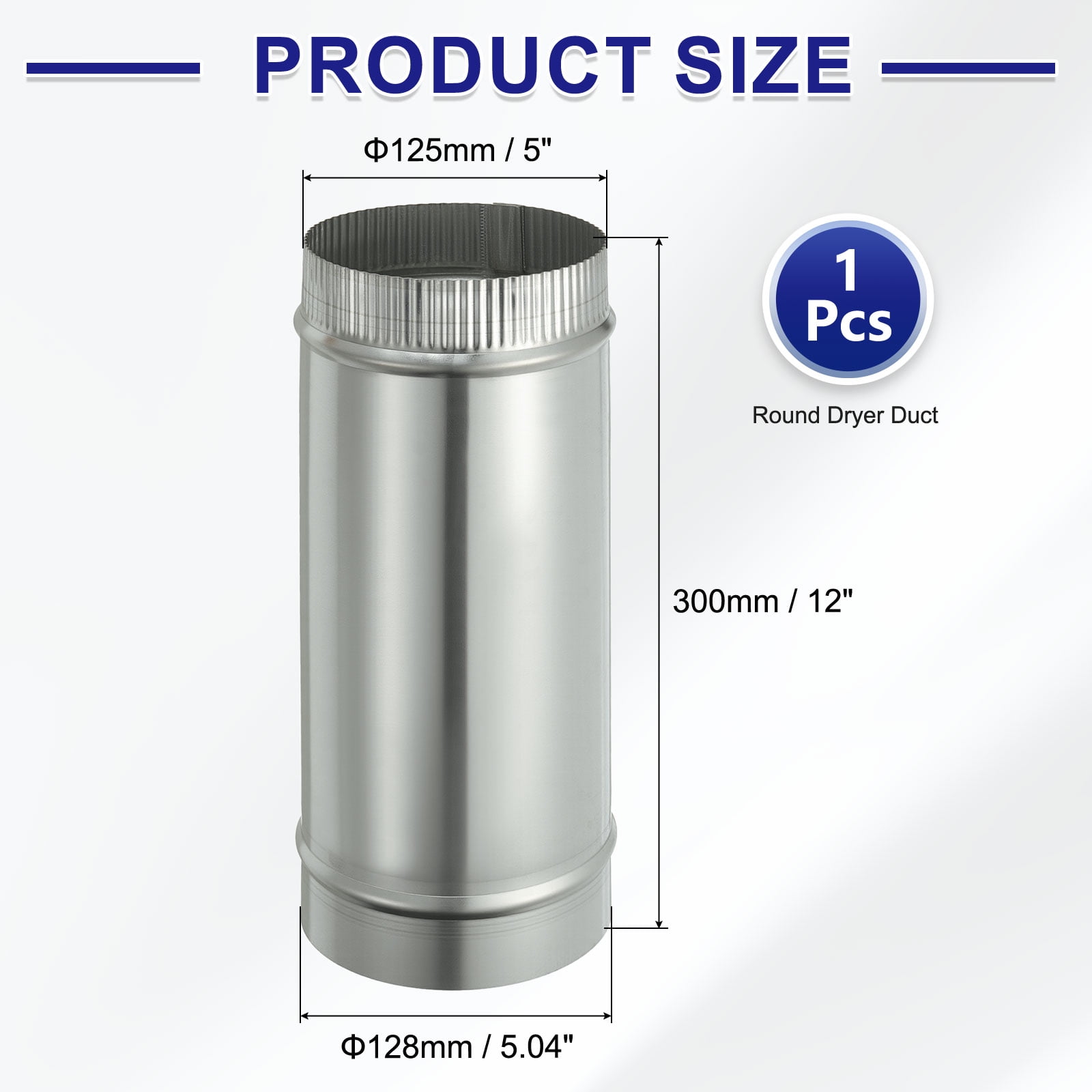 Uxcell 5 x 12 Inch Round Dryer Duct, 1PCS Galvanized Steel Crimped Straight Air Vent Duct Extension Coupler Pipe Adapter Connector for HVAC Dryer Hood Ventilation Chimney, Silver