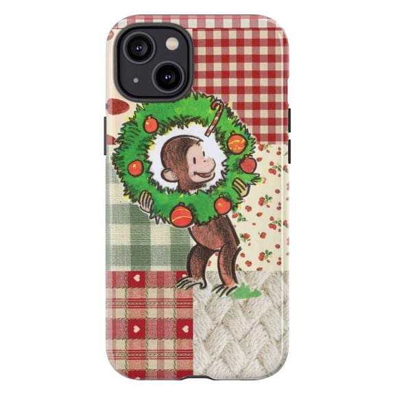 Christmas Curous Monkey Wreath Phone Case, Red Gingham Collage iPhone Cover for iPhone 17 16 15 14 13 12 11 Plus Pro Max Mini