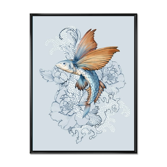 Designart 'Flying Fish and Peonies' Traditional Framed Canvas Wall Art Print