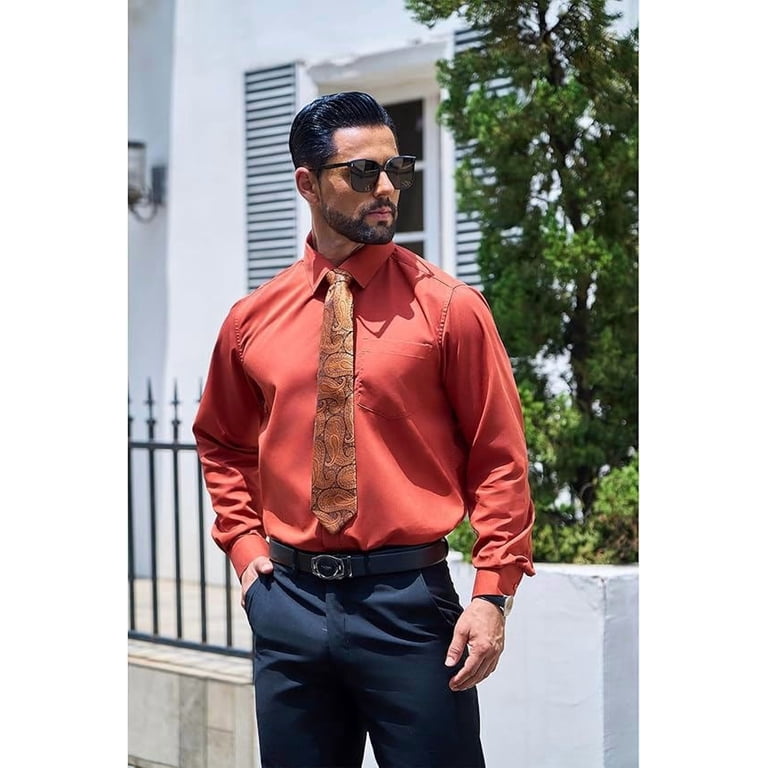 matching dress shirt and tie Barry Wang Solid Colors Mens Dress Shirt Matching Tie Set Formal Business Wedding Shirts Long Sleeve Button Down Casual Orange 6pcs, Men's, Size: