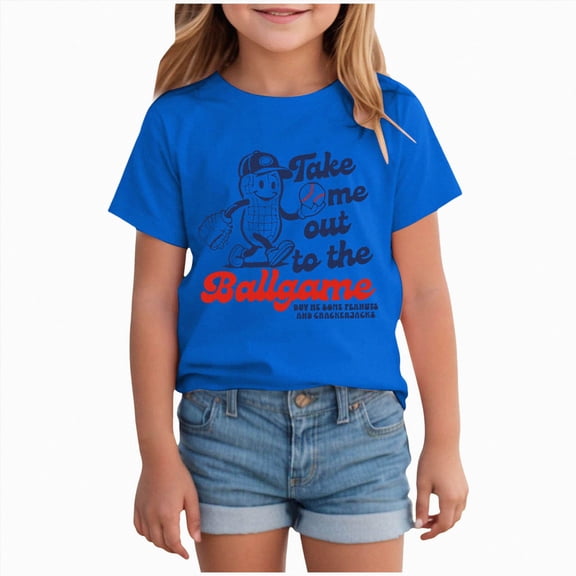 Xudanell Baseball Shirts for Girls Boys Game Day Short Sleeve Shirt Toddler Kids Baseball Team Fan Tee top (Blue, 7-8 Years)