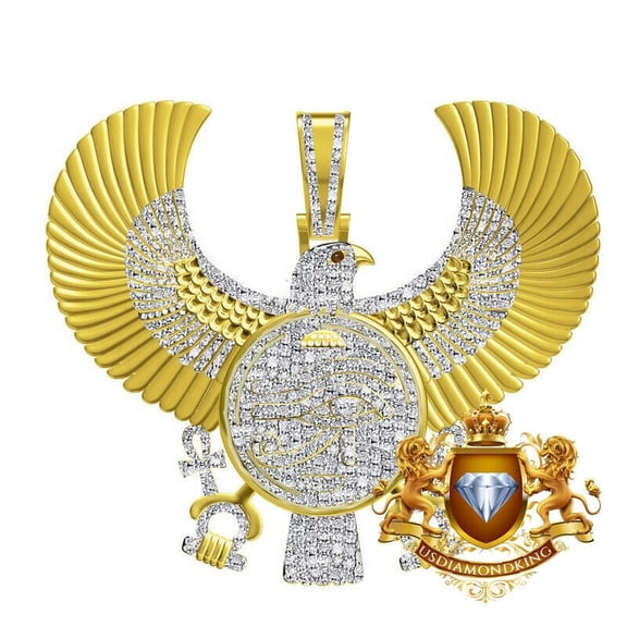 Real Diamond Egyptian Falcon Eagle Horus Evil Eye of Ra Ankh 10K Gold Over Cross Pendent Charm