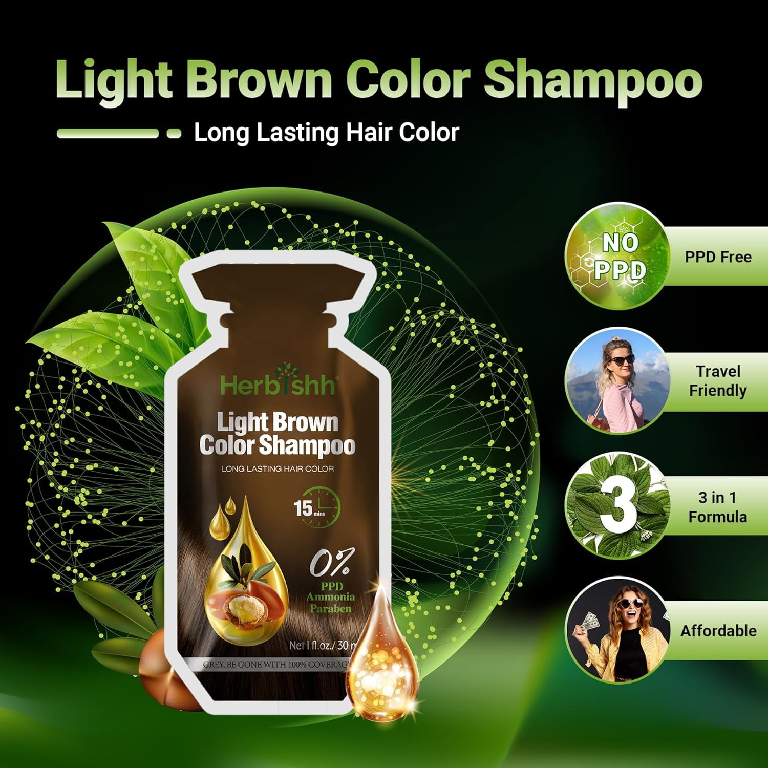 (6 pack) Herbishh Hair Color Shampoo 10 Sachet +1 Argan Hair Mask Pouch | 3 in 1 Hair Dye | PPD Free | Easy to Use | Gray Coverage | Travel Size | Available in 6 Colors | (Light Brown)