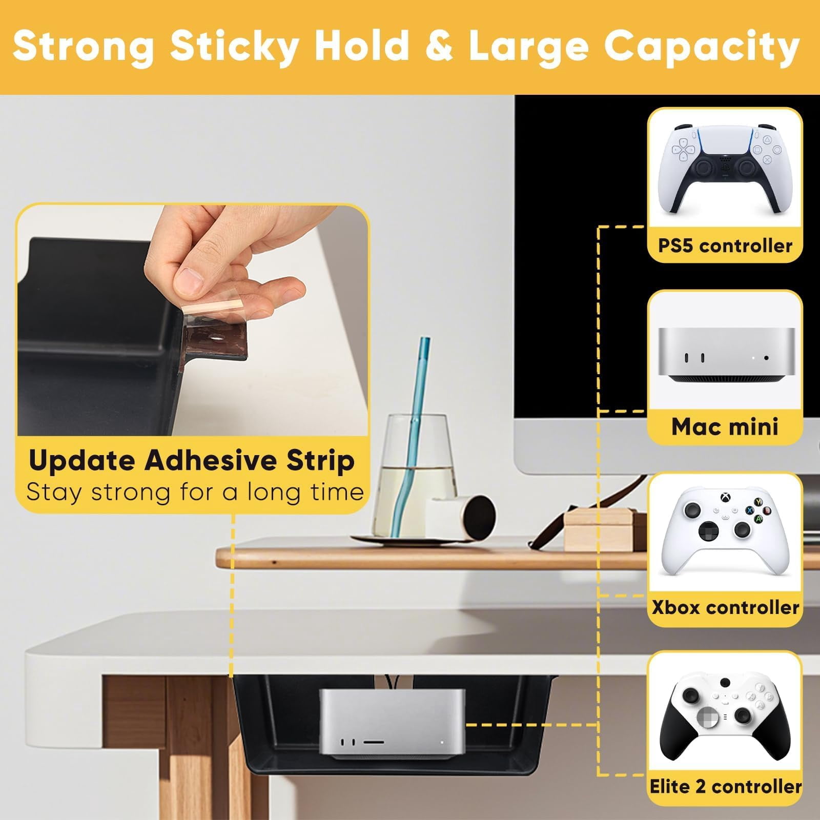 2 Pack Under Desk Hanging Shelf Drawer Organizer  Attachable Plastic Storage Tray Easy Adhesive Mount Holder For Standing Tables Office Counters Cabinets Workstations - Black