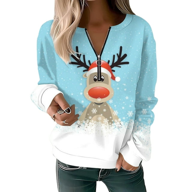 Avamo Hauts de Noël pour Femmes Sweat à Manches Longues Col en V Pull Mode Sport Bleu Ciel m