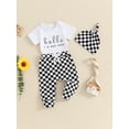 thumbnail image 3 of FEORJGP Infant Baby Girl Boy 3 Piece Summer Outfits 0 3M 6M Newborn Short Sleeve Rompers Letter Print Crew Neck Jumpsuits Checkerboard Pants Hat Little Girls Boys Fashion Casual Daily Clothes Set, 3 of 9
