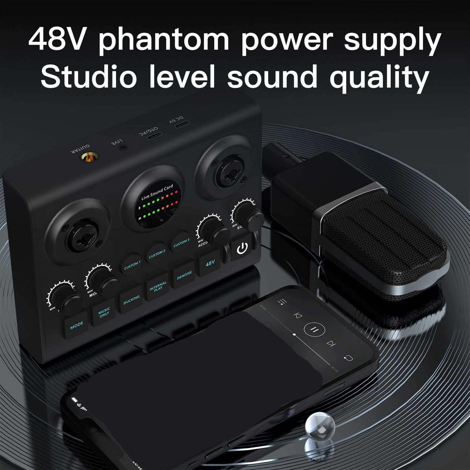 48V Phantom Power Live Sound Card Streaming DJ Controller Mixer Voice Podcast Live Streaming Kit