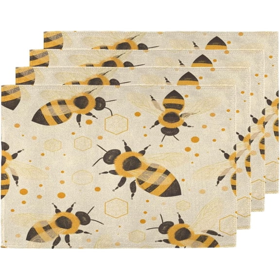 Cute Yellow Bumble Bee Placemats Set of 4, 12 X 18 Inch Washable Table Mats Seasonal Heat Resistant Kitchen Dining Party Decoration Place Mats