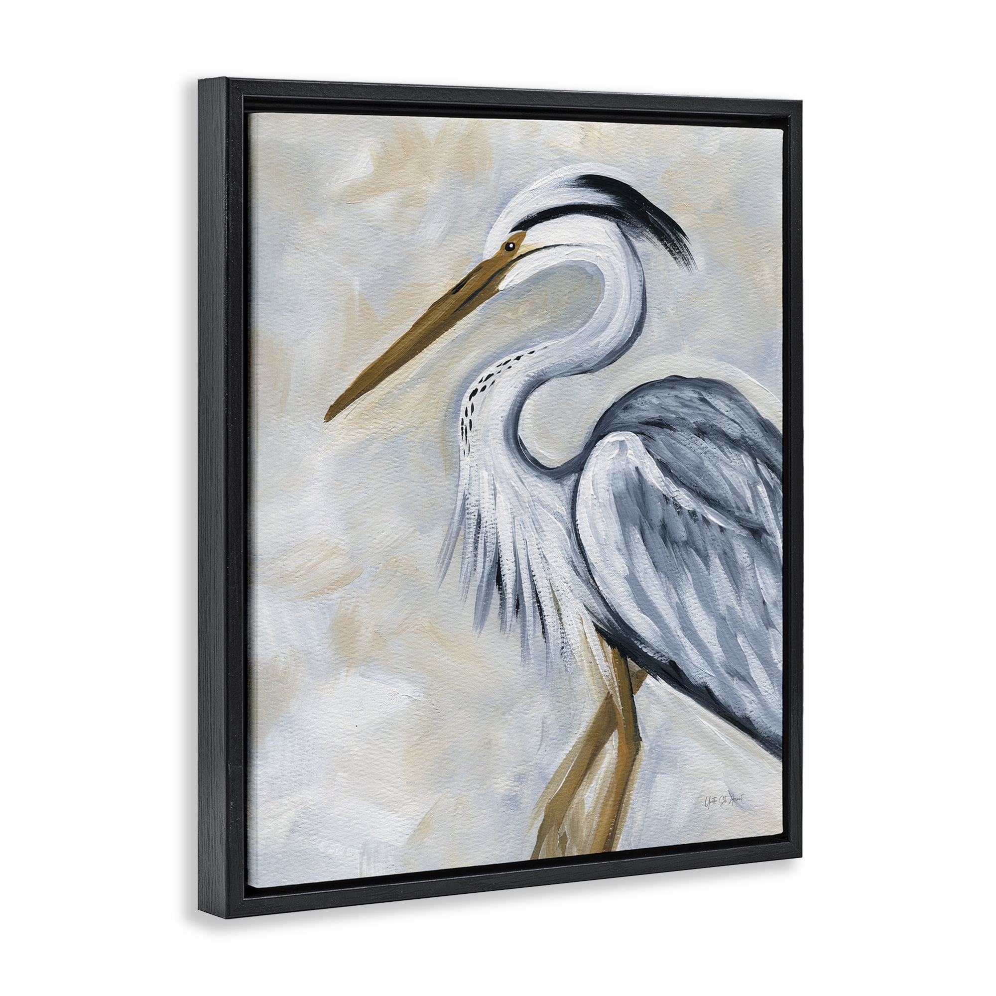 Stupell Industries Muted Blue Heron Animals & Insects Painting Black Floater Framed Canvas Art Print Wall Art, 17 x 21