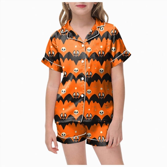 Halloween Girls Pajama Set Short Sleeve Button Down Girls PJS Sleepwear Summer Nightwear Loungewear Set