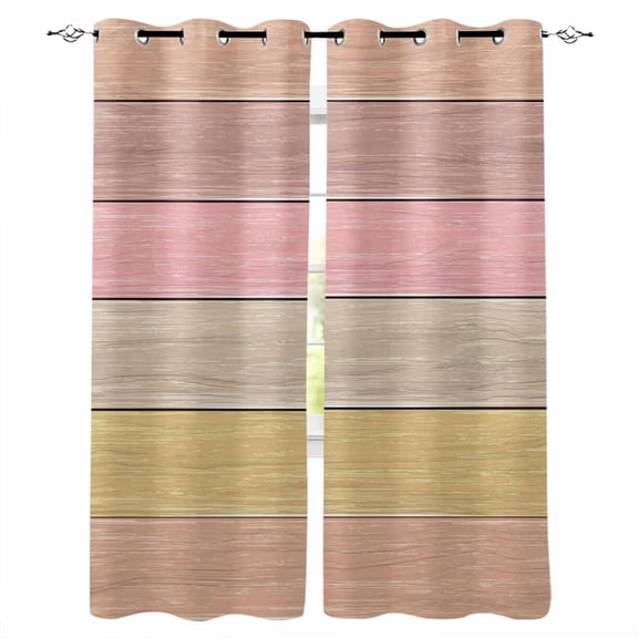 Pink Wooden Grain Blackout Curtains for Bedroom/Living Room, Thermal Insulated Kitchen Curtains, Vintage Chic Geometric Ombre Brown Grommet Darkening Window Treatment Drapes 42"x63"x2