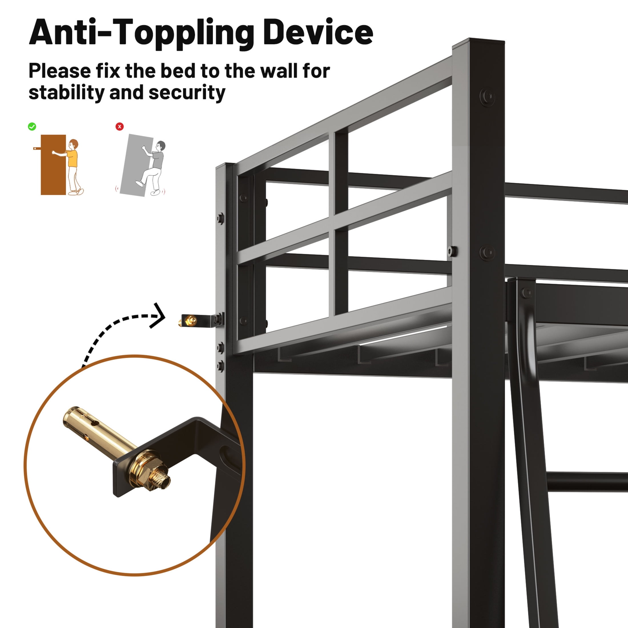 Noble House Twin Metal Loft Bed with L-Shaped Desk & Charging Station, Safety Guardrails, for Kids Room, Black
