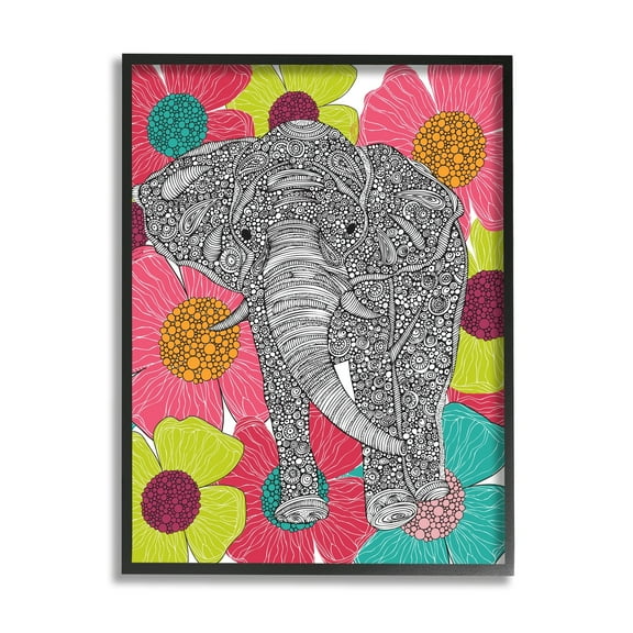 Stupell Industries Bold Modern Elephant Flower Blossoms Intricate Patterns Graphic Art Black Framed Art Print Wall Art, Design by Valentina Harper