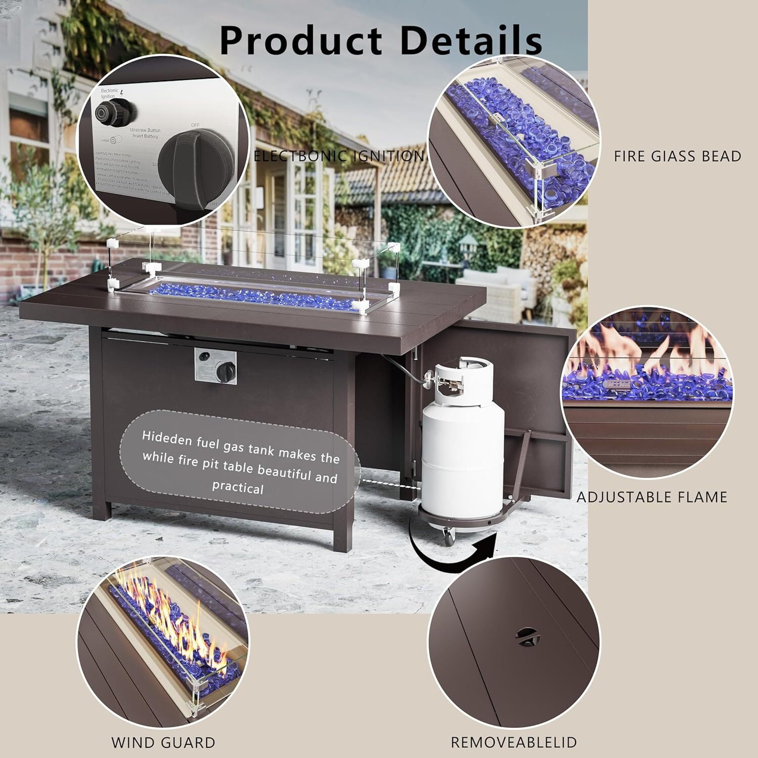 ASJMR 45" Aluminum Propane fire Pit Table Outdoor 55000 BTU with Glass Wind Guard and Metal Lid