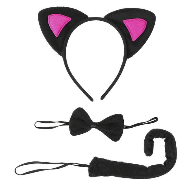 3 piezas para niños, orejas de gato, diadema, pajaritas, cola, conjunto, fiesta, disfraz de cosplay (negro y rosado)