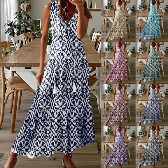 Summer Dresses for Women 2025, Fashionable Women's Casual Spring/summer Sleeveless Printed Dress(Black,S)