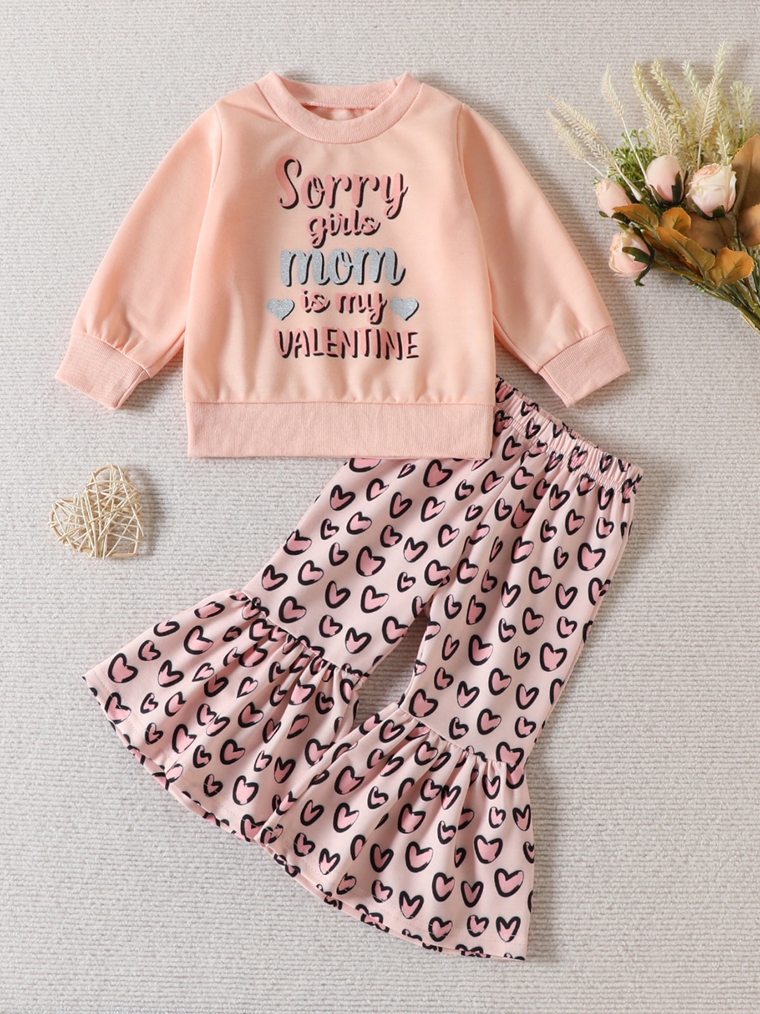 2-piece Toddler Girl Ruffled Letter Print Pink Sweatshirt and Bowknot Design Dinosuar Print Pants Set