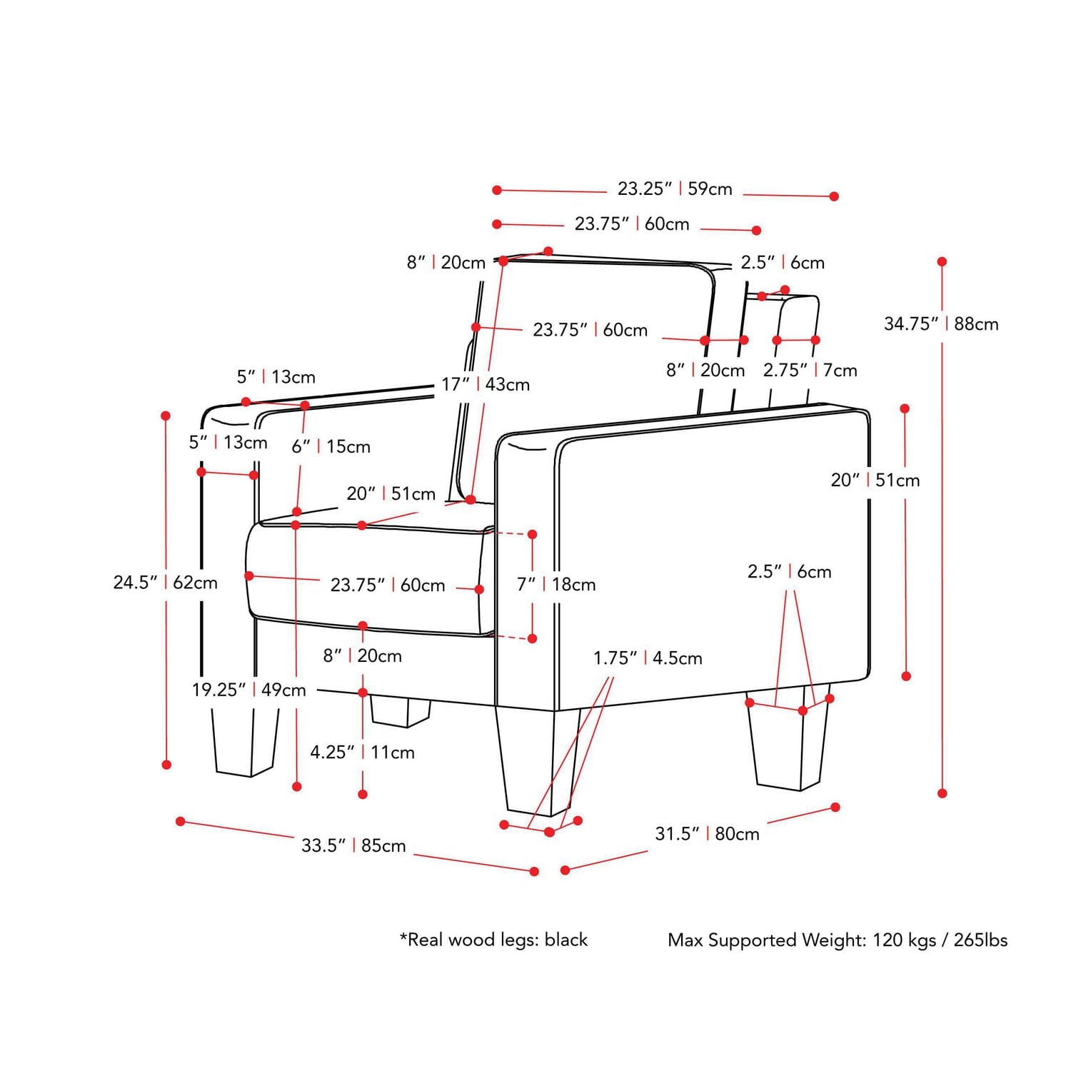 Fauteuil d'appoint d'intérieur rembourré en tissu Georgia de CorLiving avec pieds en bois
