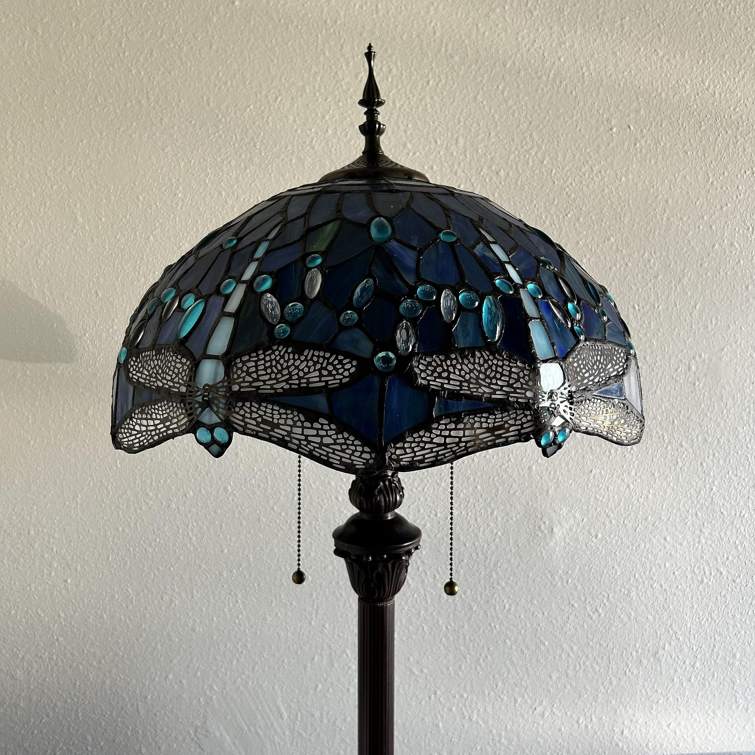 Enjoy Décor Lamps 64-Inch 2-Light Dragonfly Tiffany Style Floor Lamp with Stained Glass Blue Bowl Shade, 1 Count