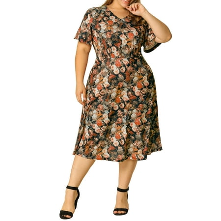 Unique Bargains Women's Plus Size Floral V Neck Short Sleeve Midi Sundress Dress