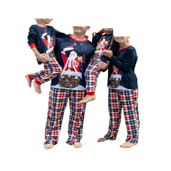 Family Christmas Pajamas Matching Sets Leisure Wear Santa Claus Plaid Long Sleeve Collar Sleepwear Jumpsuit