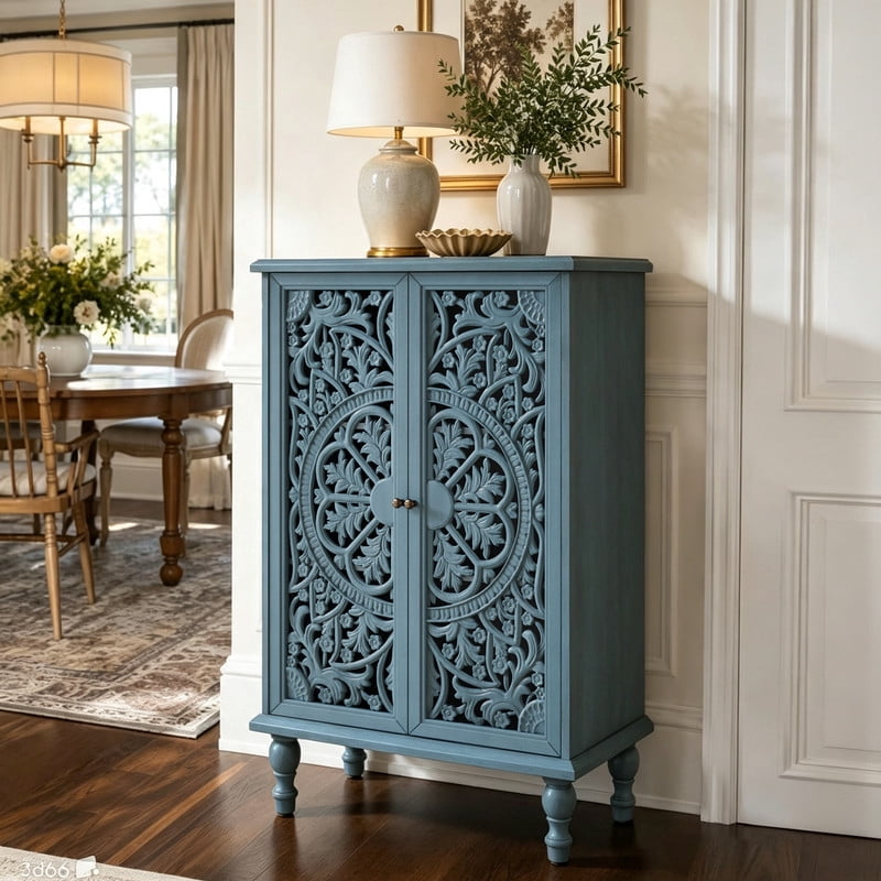 Freestanding Accent Storage Cabinet with Hollowed Out Carved Double Door, Farmhouse Display Buffet Chest with Adjustable Shelf
