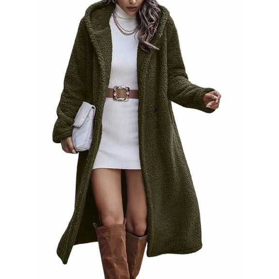 Women'S Winter Casual Single Button Hooded Long Coat Wool Blend Trench Style Outerwear Jacket Green S