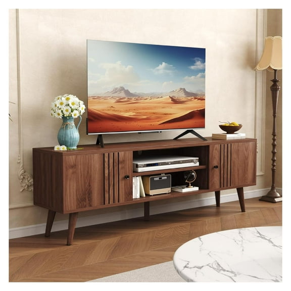 TV Stand for 65/60/55 Inches, -Century Modern TV Stand with Storage,Media Console Table,Entertainment Center with Sliding Door for TVs up to 65",for Bedroom,Living Room (Walnut)