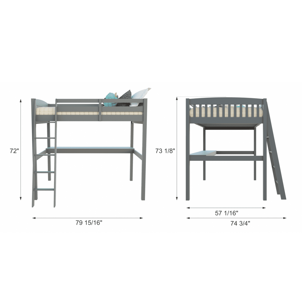 HomeRoots 490206 72 x 74.8 x 80 in. Gray Solid Wood Full Size Double Loft Bed with Desk & Storage