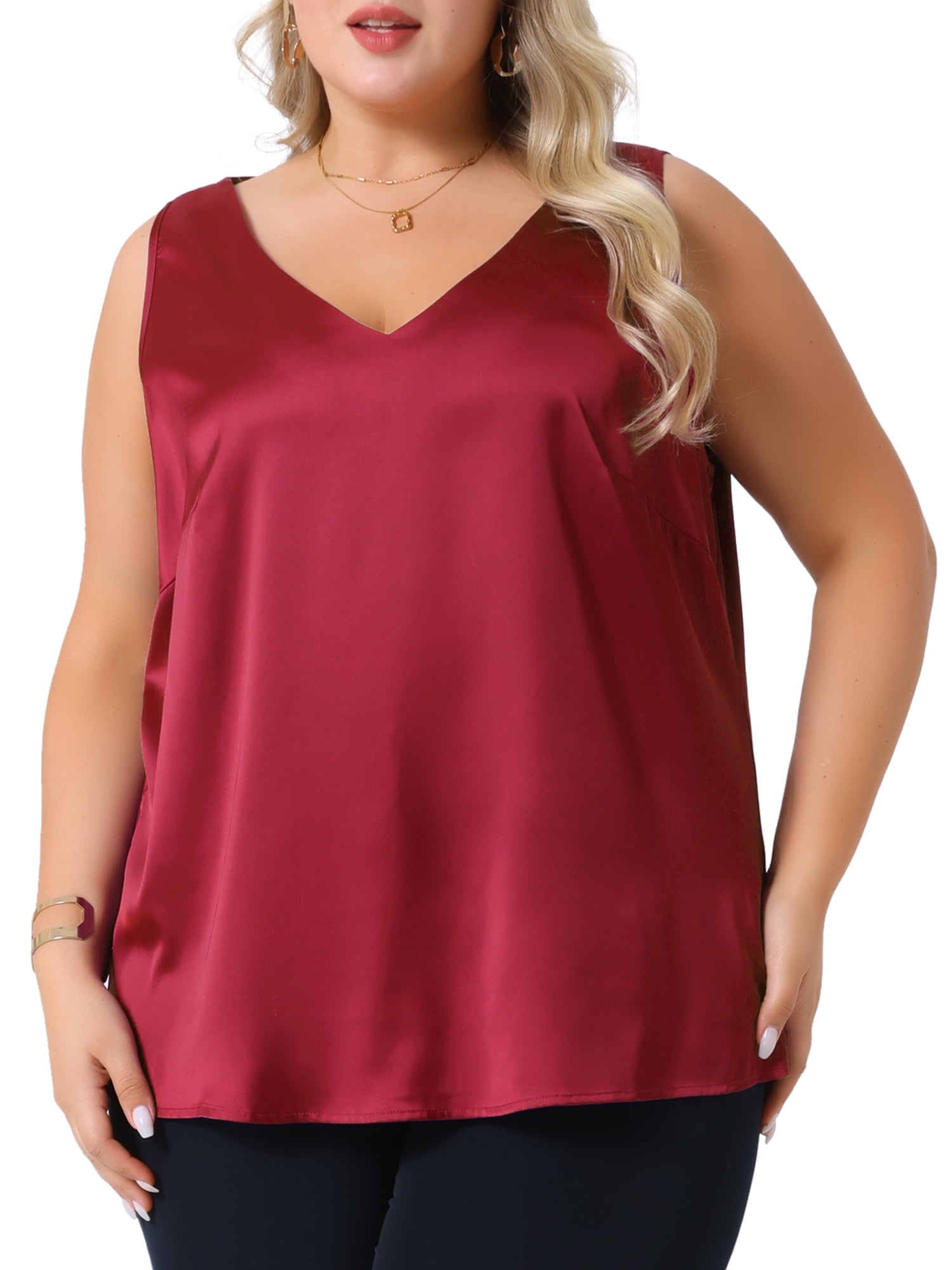DARING DIVA Women's Plus Casual Silk Satin Tank Top V Neck Cami Blouse 2X Burgundy