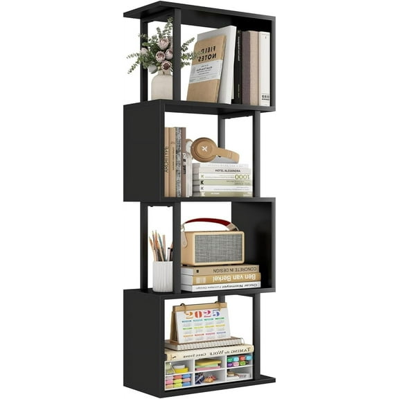 4-Tier Bookshelf, Narrow S-Shaped Geometric Bookcase, Wood Decorative Storage Shelving, Modern Freestanding Display Shelves, Book Shelf Unit for Living Room Bedroom Home Office, Black