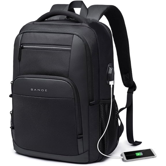 BANGE Black Travel Laptop Backpack with USB Charging Port, Water-Repellent, Fits 15.6-Inch Laptops