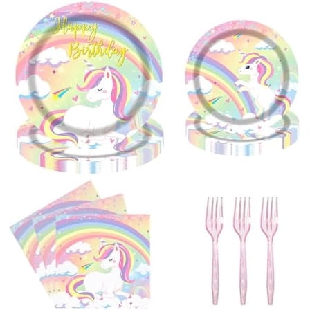 Rainbow Unicorn Happy Birthday Party Tableware Set 96 Pcs Disposable Plates Napkins Forks Unicorn Theme Magical Supplies for Girls Kids Birthday Decorations Serve 24 Guests