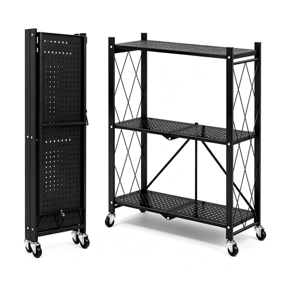 TLCEKVEC 3-Tier Folding Metal Storage Shelf with Wheels for Kitchen, Pantry and Garage, Black