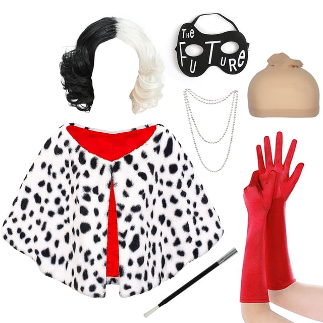 Disfraz JaosWish Cruella Deville para mujer con peluca blanca y negra