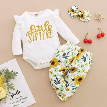 

Clearance!Baby Girl Sister Clothing Suit Newborn Kids Alpha-Printed Rompers+ Floral Pants + Headband 3PCS Set