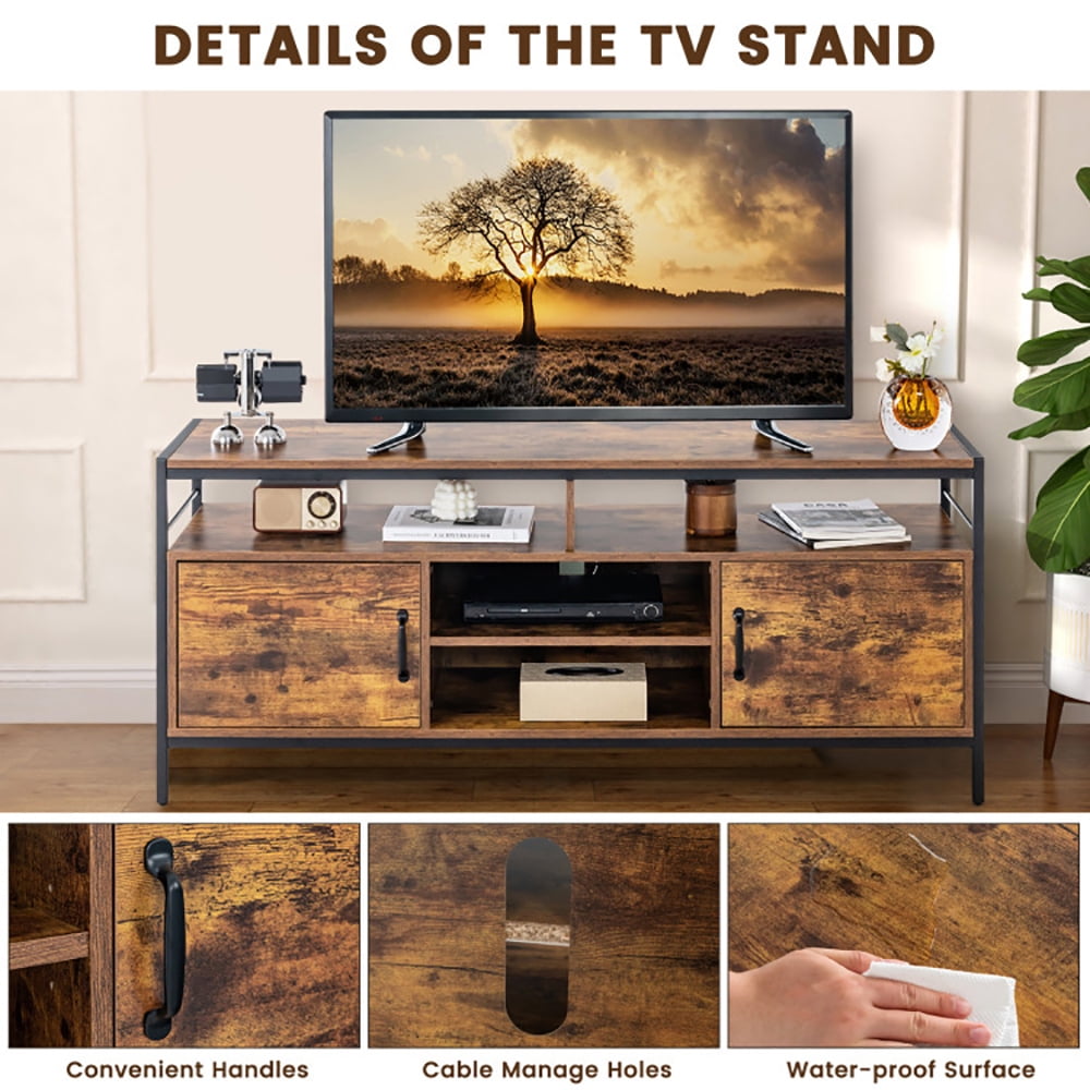 Finihen TV Stand, TV Cabinet, 58 Inch Industrial TV Stand with Cabinets and Adjustable Shelf for TVs up to 65 Inch, for Living Room, Brown