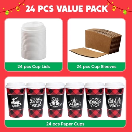 SHILIU-24 PCS Christmas Buffalo Plaid Paper Cups with Sleeves and Lids, 6 Designs 16 oz Xmas Drinkware Coffee Cups for Hot Cocoa Chocolate Cold Beverage Holiday Tableware Winter Party Supplies