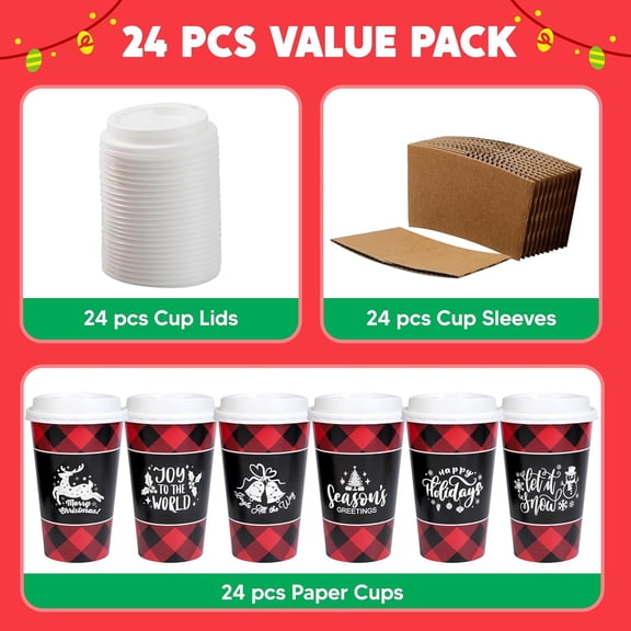 SHILIU-24 PCS Christmas Buffalo Plaid Paper Cups with Sleeves and Lids, 6 Designs 16 oz Xmas Drinkware Coffee Cups for Hot Cocoa Chocolate Cold Beverage Holiday Tableware Winter Party Supplies