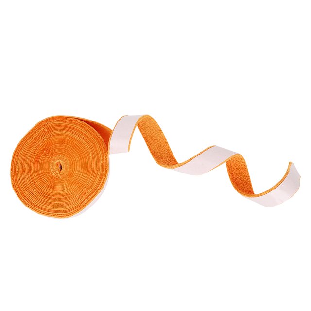 Racket Grip Tape, 10M Polyester Fiber Sweat Absorption Anti Skid Tape in orange color. The tape is rolled with a portion unrolled to display its soft texture and adhesive backing. Designed for badminton and tennis rackets, it offers sweat absorption, anti-slip resistance, and a comfortable hand feel. Approximate dimensions are 10m x 3cm.