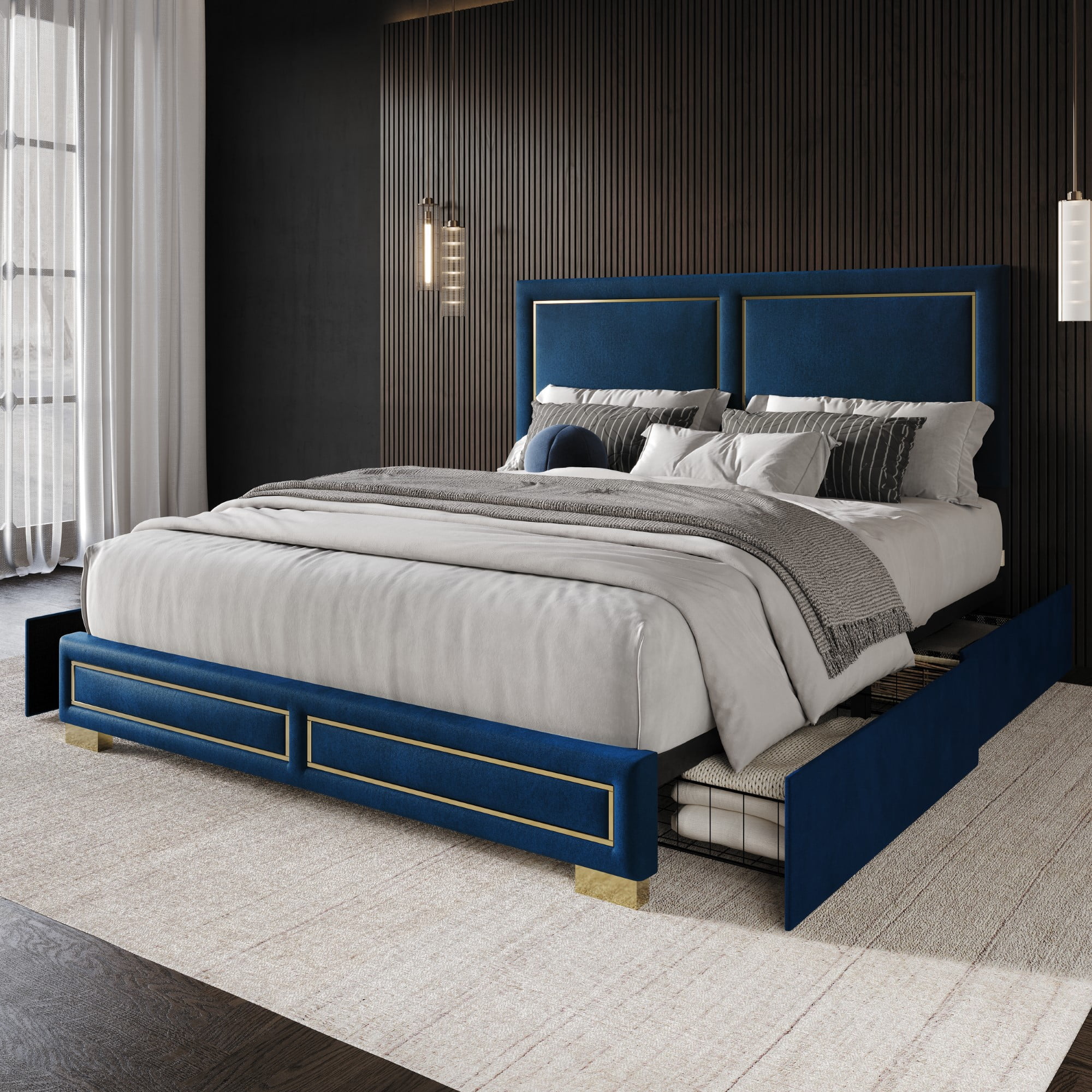 Home Design Jasper Full Upholstered Storage Platform Bed Frame with Gold Aluminum Trim and Four Under-Drawers, Blue, Easy Assembly