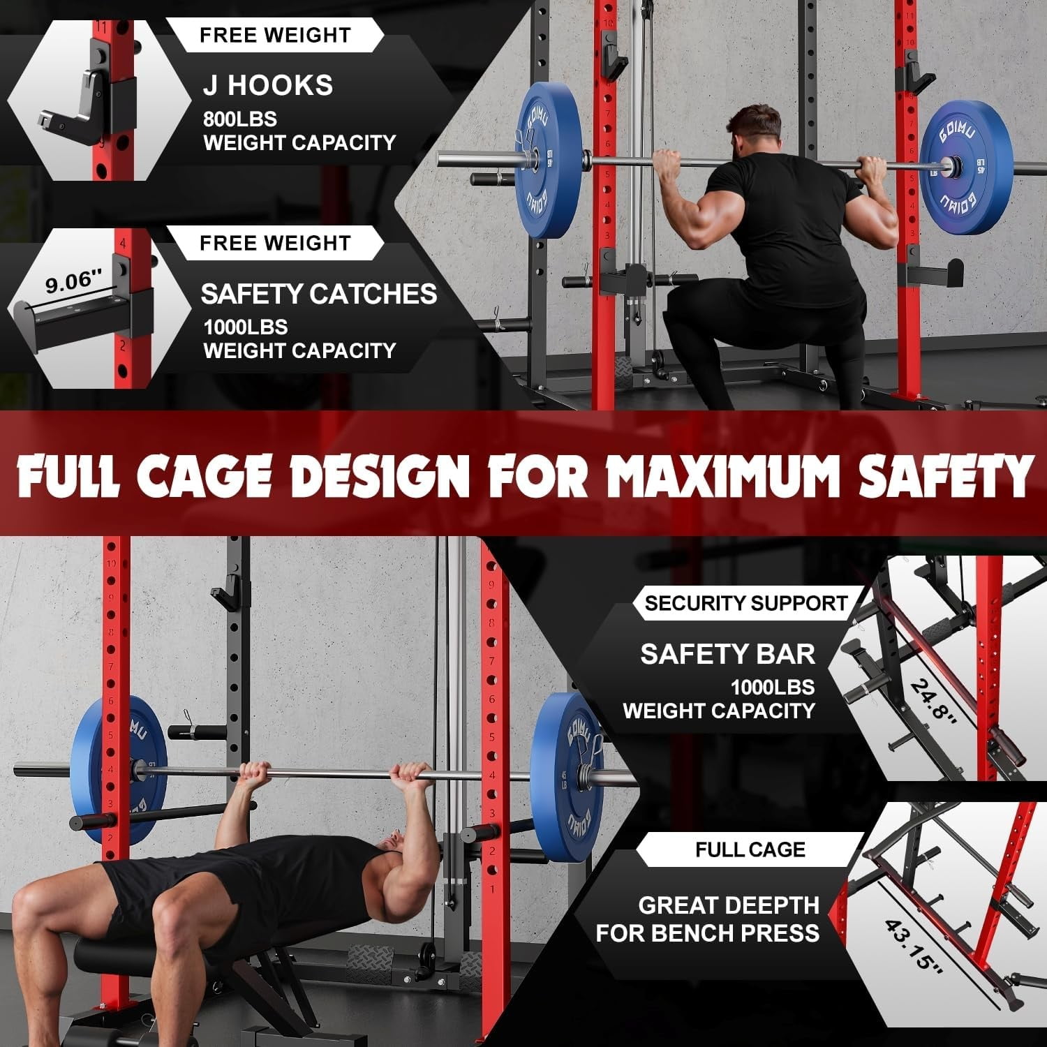 MITONOS Power Cage, 2000LBS Squat Rack with LAT Pulldown,Power Rack Strength Training Machine, Weight Lifting Equipment with More Attachments,Weight Bench,Olympic Barbell Weight Set for Home Gym,Red