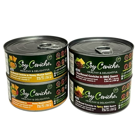 Soy Ceviche – Spicy & Mild | Plant-Based Protein, Vegan, Gluten-Free, Ready-To-Eat | Honey Mustard & BBQ | 4-Pack (5.64oz Can)